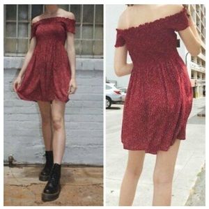Brandy Melville floral print smocked red mini dress off shoulder one size